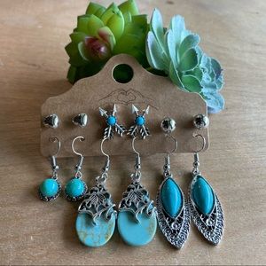 6 pairs silver bohemian earrings stud and hang